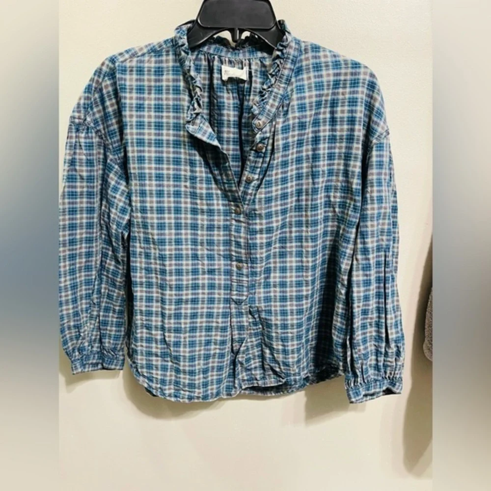 MADEWELL Teal‎ Blue Plaid Ruffle-Neck Popover Blouse Size Medium